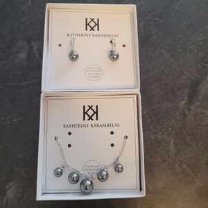 Katharine Karambelas Earrings and Necklace Swarovski Crystal and Pearl - Grey